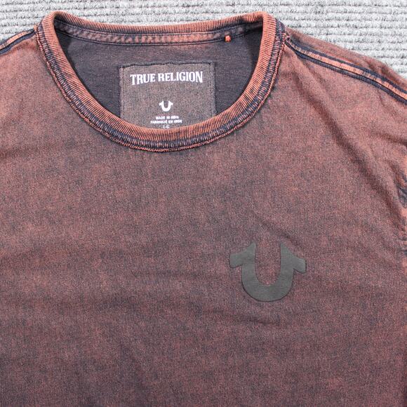 True Religion T-Shirt Mens Large Red Mineral Wash Horseshoe Logo - Picture 2 of 4